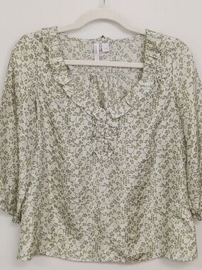 Old Navy Vintage Silk Floral Ruffle V-Neck 3/4 Sleeve Blouse Small Cottagecore
